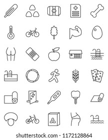 thin line vector icon set - cereal vector, egg, mushroom, diet, bike, muscule hand, buttocks, fitness mat, cereals, breads, pool, first aid kit, bone, hoop, run, thermometer, patch, anamnesis