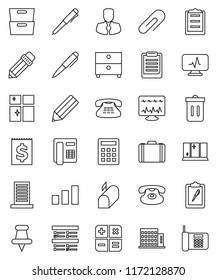 thin line vector icon set - trash bin vector, shining window, pencil, pen, clipboard, archive, exam, manager, case, receipt, sorting, classic phone, thumbtack, diagnostic monitor, attachment