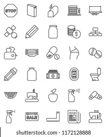 thin line vector icon set - toilet vector, washing powder, sprayer, plates, colander, jar, pencil, corner ruler, apple fruit, coin stack, hierarchy, stadium, buttocks, pills, satellite, newspaper