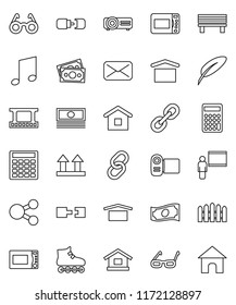 thin line vector icon set - microwave oven vector, pen, blackboard, glasses, music, cash, calculator, roller Skates, money, dry cargo, top sign, film frame, link, mail, share, bench, connection