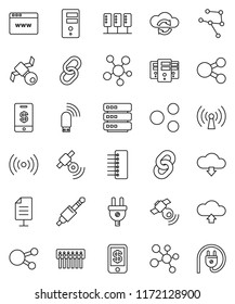 thin line vector icon set - molecule vector, satellite, satellitie, social media, link, jack, network, server, cloud exchange, big data, browser, hub, usb modem, share, upload, download, chain