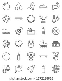 thin line vector icon set - award cup vector, target, stadium, weight, hand trainer, punching bag, fitball, muscule, snickers, boxing glove, roller Skates, skateboard, medal, water bottle, hoop, run
