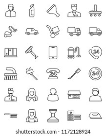 thin line vector icon set - scraper vector, vacuum cleaner, fetlock, car, cleaning agent, shining window, woman, phone 24, support, delivery, mobile, doctor, hospital building, hour, trolley, iron
