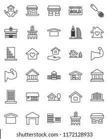 thin line vector icon set - house hold vector, skimmer, university, school building, bank, muscule hand, office, dry cargo, warehouse, hospital, chalet, barn, sold signboard, love home, store