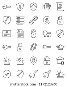thin line vector icon set - certificate vector, personal information, dollar shield, protected, link, big data, server, chain, unlock, key, siren, smart home, protect, lock, password