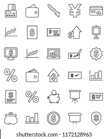 thin line vector icon set - presentation vector, dollar coin, graph, laptop, credit card, wallet, crisis, piggy bank, growth, check, receipt, board, medal, monitor, yen sign, percent, shield