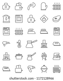 thin line vector icon set - iron vector, steaming, pan, cook glove, turk coffee, toaster, oven, thermometer, bbq, steak, flammable, fireplace, heating, maker, hair dryer, kettle, heater