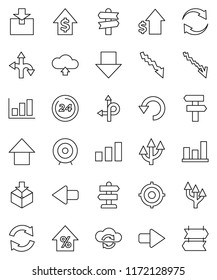 thin line vector icon set - graph vector, crisis, percent growth, dollar, target, arrow down, up, route, signpost, package, sorting, cloud exchange, refresh, undo, upload, 24 hour