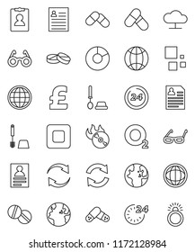 thin line vector icon set - toilet brush vector, glasses, world, personal information, pie graph, pound, pills, oxygen, earth, music hit, stop button, cloud network, refresh, loading, globe, 24 hour