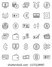 thin line vector icon set - exchange vector, dollar coin, japanese candle, credit card, wallet, cash, investment, stack, check, shield, monitor, any currency, euro sign, yen, cent, money