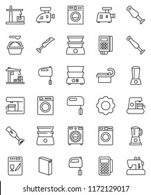 thin line vector icon set - washer vector, washing powder, mixer, double boiler, blender, tomography, gear, construction crane, card reader, dishwasher, coffee maker, meat grinder, sewing machine