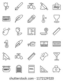 thin line vector icon set - water tap vector, welcome mat, washboard, rolling pin, thermometer, chicken leg, pen, pencil, corner ruler, glass, tulip, big scales, Railway carriage, broken bone, plan