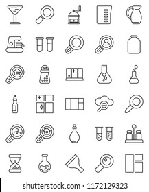 thin line vector icon set - scraper vector, shining window, oil, measuring cup, hand mill, spices, jug, jar, magnifier, flask, glass, vial, sand clock, cloud, search estate, client, coffee maker