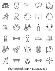 thin line vector icon set - award cup vector, target, barbell, stadium, weight, jump rope, punching bag, fitball, muscule hand, sneakers, boxing glove, shorts, roller Skates, skateboard, medal, pool