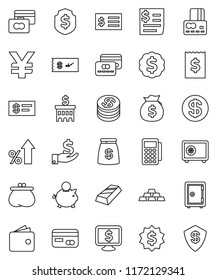 thin line vector icon set - gold ingot vector, credit card, wallet, percent growth, money bag, piggy bank, investment, building, receipt, dollar medal, shield, safe, monitor, yen sign, coin, reader