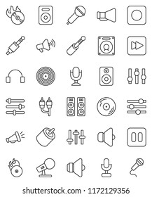 thin line vector icon set - disk vector, music hit, microphone, speaker, loudspeaker, settings, headphones, pause button, forward, rec, rca, jack, equalizer
