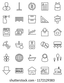 thin line vector icon set - mop vector, bath, sprayer, corner ruler, backpack, archive, personal information, exchange, graph, manager, arrow down, cereals, signpost, package, barcode, satellitie