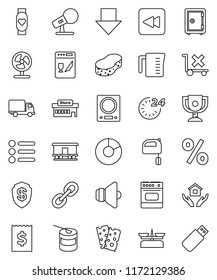 thin line vector icon set - sponge vector, house hold, measuring cup, mixer, award, pie graph, receipt, arrow down, safe, sports nutrition, heart monitor, breads, delivery, no trolley, microphone