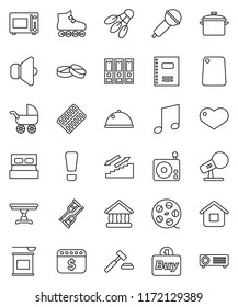 thin line vector icon set - pan vector, cutting board, microwave oven, dish, copybook, music, university, auction, binder, dollar calendar, roller Skates, sports nutrition, stairways run, film spool