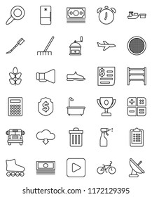 thin line vector icon set - rake vector, trash bin, car fetlock, bath, sprayer, hand mill, sieve, calculator, alarm clock, award cup, school bus, magnifier, cash, dollar shield, clipboard, bike