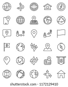 thin line vector icon set - compass vector, world, flag, dollar, route, navigator, earth, map pin, traking, internet, connection, globe, arrow, home