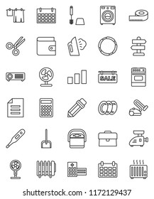 thin line vector icon set - scoop vector, steaming, drying clothes, toilet brush, washer, plates, oven, pencil, document, wallet, case, calculator, calendar, measuring, hoop, signpost, sorting, fan