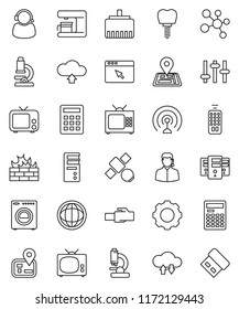 thin line vector icon set - microscope vector, calculator, world, molecule, navigator, satellite, antenna, tv, settings, remote control, tooth implant, cloud exchange, server, browser, gear, upload