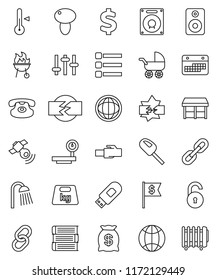 thin line vector icon set - shower vector, thermometer, bbq, mushroom, book, world, dollar flag, sign, calendar, weight, big scales, satellitie, settings, classic phone, link, speaker, disconnection