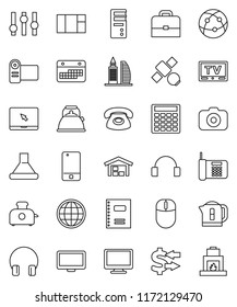 thin line vector icon set - kettle vector, copybook, case, exchange, calculator, satellite, calendar, camera, settings, tv, internet, mobile phone, headphones, monitor, notebook pc, globe, barn