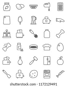 thin line vector icon set - oil vector, colander, cook hat, glove, skimmer, spatula, meat hammer, cutting board, grater, mixer, toaster, oven, spices, sieve, jar, cereal, egg, potato, apple fruit