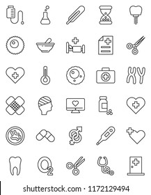thin line vector icon set - pills vial vector, heart monitor, cross, first aid kit, oxygen, thermometer, flask, gender sign, scissors, sand clock, patch, stethoscope, mortar, microbs, chromosomes