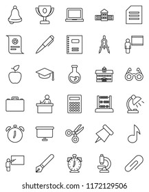 thin line vector icon set - copybook vector, graduate hat, pen, university, school building, blackboard, drawing compass, glasses, student, case, apple fruit, bell, table lamp, calculator, paper pin