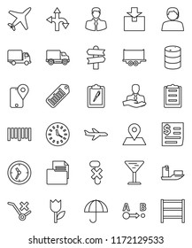 thin line vector icon set - route vector, signpost, map pin, plane, support, client, traking, ship, truck trailer, delivery, clock, receipt, clipboard, document, glass, umbrella, no trolley, hook