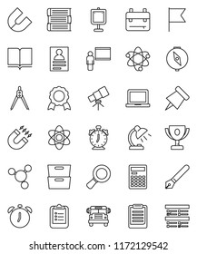 thin line vector icon set - book vector, pen, blackboard, drawing compass, backpack, atom, telescope, table lamp, calculator, notebook pc, alarm clock, clipboard, paper pin, award cup, medal, magnet