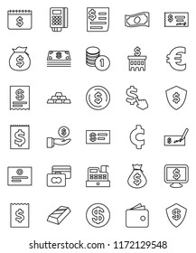 thin line vector icon set - certificate vector, dollar coin, gold ingot, credit card, wallet, cash, money bag, investment, stack, check, bank building, receipt, shield, calendar, monitor, cursor