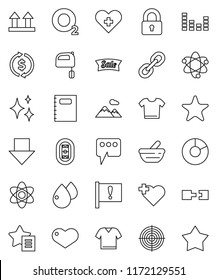 thin line vector icon set - shining vector, mixer, copybook, atom, exchange, pie graph, arrow down, target, heart cross, oxygen, stadium, attention, top sign, equalizer, link, favorites, mortar