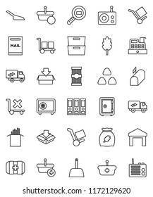 thin line vector icon set - scoop vector, cereal, pasta, archive, binder, safe, first aid kit, cargo, no trolley, warehouse, search, radio, mailbox, relocation truck, cashbox, basket, package