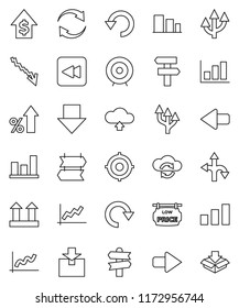 thin line vector icon set - graph vector, crisis, percent growth, dollar, target, arrow down, route, signpost, top sign, package, sorting, backward button, cloud exchange, refresh, redo, undo