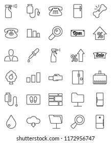 thin line vector icon set - water drop vector, welcome mat, sprayer, percent growth, consolidated cargo, sorting, classic phone, magnifier, dropper, broken bone, counter, network folder, fruit tree