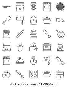 thin line vector icon set - pan vector, apron, cook glove, timer, whisk, spatula, knife, grater, oven, double boiler, cookbook, sieve, dish, mixer, multi cooker, toaster