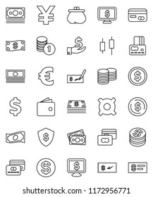 thin line vector icon set - dollar coin vector, japanese candle, credit card, wallet, cash, investment, stack, check, shield, monitor, any currency, euro sign, yen, money