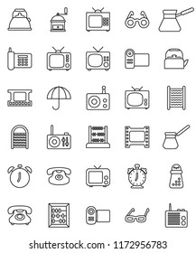 thin line vector icon set - washboard vector, kettle, hand mill, turk coffee, glasses, alarm clock, abacus, phone, umbrella, film frame, radio, tv, classic, video camera