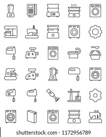 thin line vector icon set - washer vector, washing powder, mixer, double boiler, blender, tomography, gear, construction crane, card reader, coffee maker, meat grinder, sewing machine
