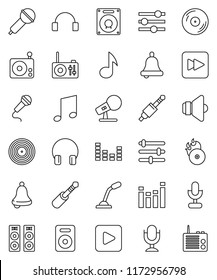 thin line vector icon set - bell vector, music, disk, hit, microphone, radio, speaker, equalizer, headphones, play button, forward, jack