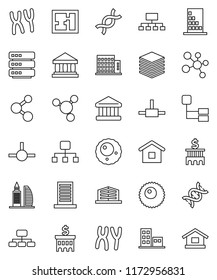 thin line vector icon set - molecule vector, bank, building, hierarchy, dna, chromosomes, ovule, connect, big data, plan, apartments, office, home