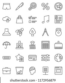 thin line vector icon set - trash bin vector, cookbook, drawing compass, pen, music, world, exam, case, calculator, weight, shorts, shuttlecock, receipt, umbrella, hdmi, microbs, head bandage, hood