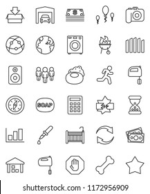 thin line vector icon set - soap vector, mixer, bbq, compass, graph, man, bone, run, earth, money, warehouse, camera, internet, speaker, dropper, sand clock, sperm, disconnection, refresh, stop