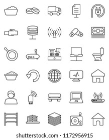 thin line vector icon set - toilet vector, foam basin, pan, notebook pc, money, support, shelving, radio, pills, diagnostic monitor, network, server, big data, usb modem, router, lan connector, home