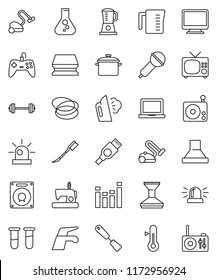 thin line vector icon set - water tap vector, vacuum cleaner, sponge, car fetlock, steaming, pan, measuring cup, spatula, thermometer, notebook pc, flask, barbell, hoop, microphone, radio, equalizer