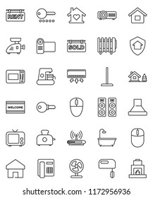 thin line vector icon set - mop vector, welcome mat, tv, home, house, chalet, rent signboard, sold, bath, love, protect, password, mixer, coffee maker, meat grinder, hood, microwave oven, toaster